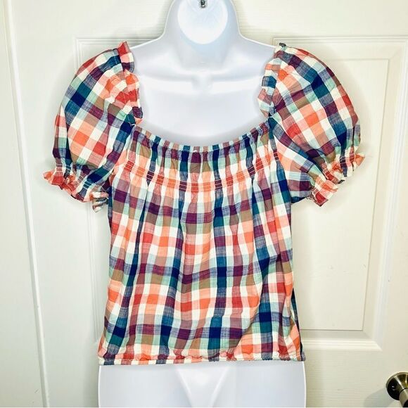 JCrew Smocked Cotton Crop Top Summer Madras Plaid Checkered Orange Blue S - Picture 10 of 11